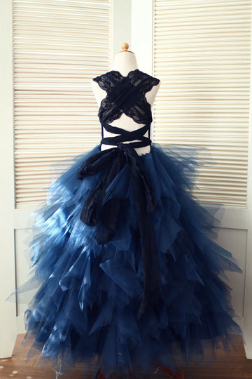 Girls Backless Navy Blue Lace Ruffle Tulle Flower Girl's Dress Party Dress Communion Dress