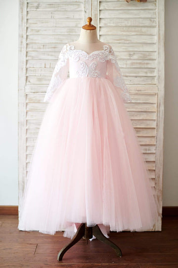 Girls Ball Gown Long Sleeves Pink Lace Tulle Flower Girl's Dress Party Dress Communion Dress