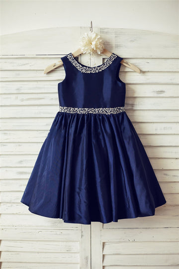 Girls Beaded Navy Blue Taffeta Flower Girl's Dress Party Dress