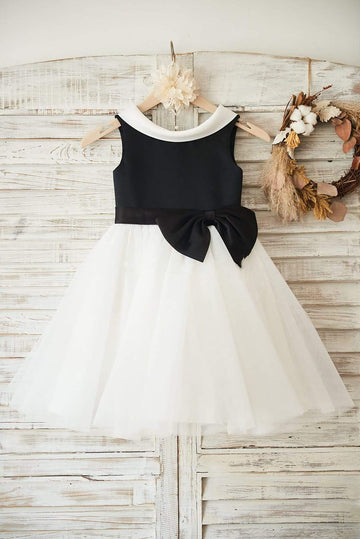 Girls Black Satin Ivory Tulle Flower Girl's Dress Party Dress with V Back