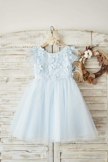 Girls Blue Lace Tulle Cap Sleeves V Back Flower Girl's Dress Party Dress with Feathers