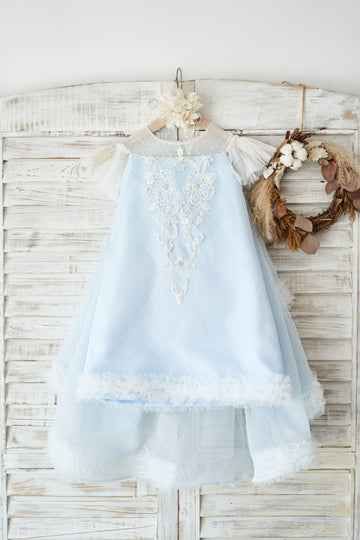 Girls Blue Polka Dot Lace Tulle Cap Sleeves Flower Girl's Dress Party Dress