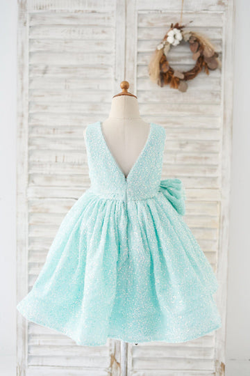 Girls V Back Blue Sequin Flower Girl's Dress Party Dress