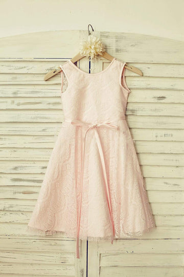 Girls Blush Pink Lace V Back Flower Girl's Dress Party Dress Junior bridesmaid dresses