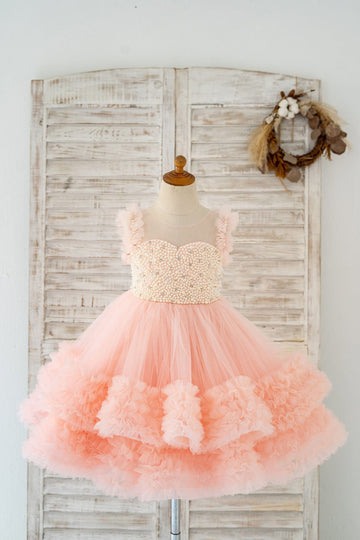 Girls Blush Pink V Back Pearl Beaded Tulle Party Dress