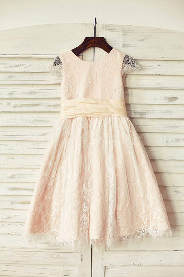 Girls Blush Pink Satin Ivory Lace Cap Sleeves Flower Girl's Dress Party Dress