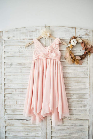 Girls Blush Pink Tulle V Neck Junior bridesmaid dresses