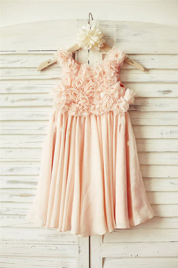 Girls Boho Beach Blush Pink Chiffon Floral Straps Flower Girl's Dress Party Dress