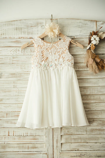 Girls Boho Beach Ivory Lace Chiffon Flower Girl's Dress Junior Bridesmaid Dress