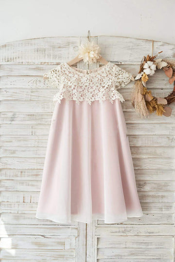 Girls Boho Beach Lace Cap Sleeves Ivory Chiffon Flower Girl's Dress Party Dress with Pink Lining