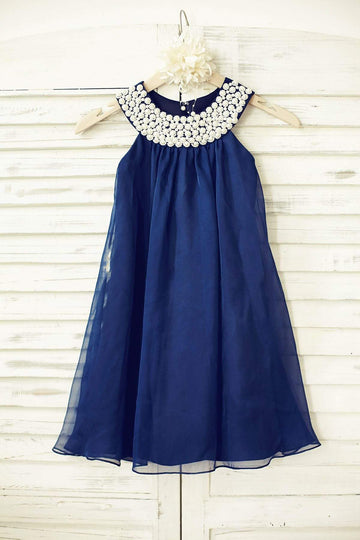 Girls Boho Beach Navy Blue Chiffon Flower Girl's Dress Party Dress with Pearl Beaded Neck