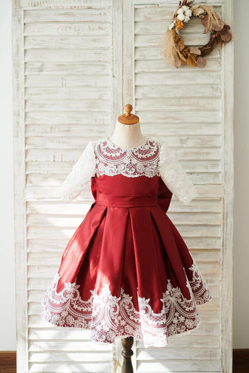 Girls Burgundy Satin Ivory Lace Long Sleeves Party Dress with Bow