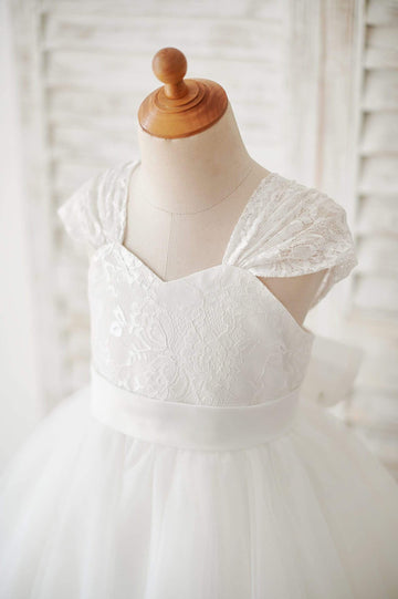 Girls Cap Sleeves Ivory Lace Tulle Flower Girl's Dress Party Dress Communion Dress