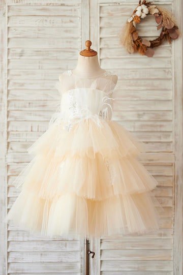 Girls Champagne Cupcake Tulle Beaded Lace Flower Girl Dress Party Dress Communion Dress