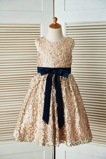 Girls Champagne Gold Sequin Flower Girl Dress Party Dress with Navy Blue Belt