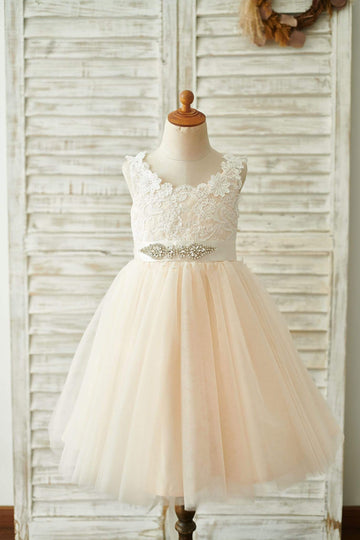 Girls Champagne Lace Tulle Deep V Back Flower Girl's Dress Party Communion Dress