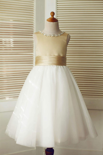 Girls Champagne Satin Ivory Tulle Flower Girl's Dress Party Dress Communion Dress with Beaded Neckline