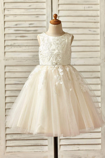 Girls Champagne Satin Tulle Flower Girl's Dress Communion Dress with Beaded Sash