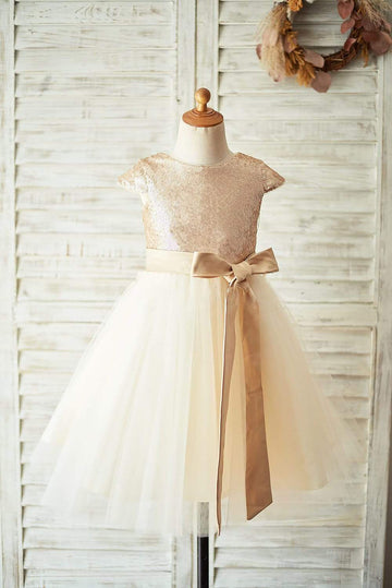 Girls Champagne Sequin Tulle Flower Girl's Dress Party Dress with Cap Sleeves