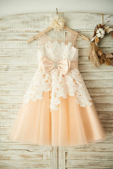 Girls Champagne Tulle Beaded Ivory Lace Flower Girl's Dress Party Dress