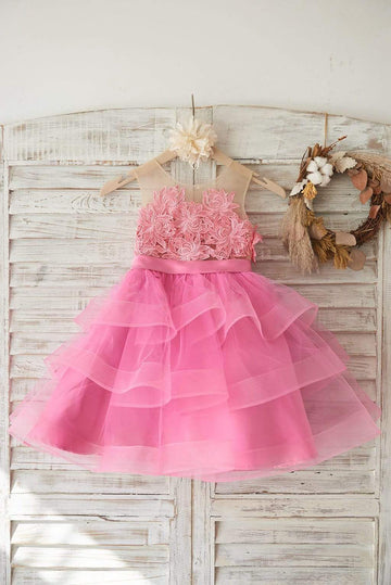 Girls Cupcake Fuchsia Lace Tulle Flower Girl's Dress Party Dress with Horsehair Tulle Hem