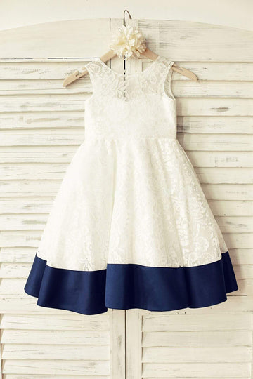 Girls Deep V Back Ivory Lace Flower Girl's Dress Party Dress with Navy Blue Bow