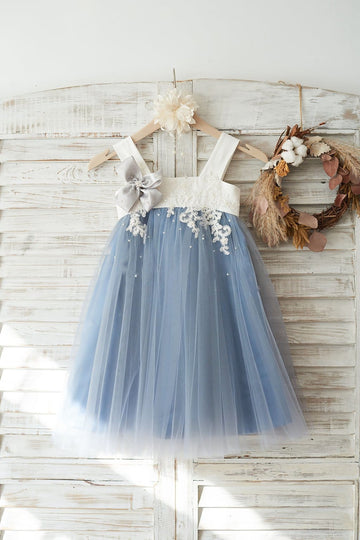 Girls Dusty Blue Tulle Beaded Lace Flower Girl Dress Party Dress