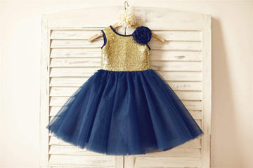 Gold Sequin Navy Blue Tulle Flower Girl Dress