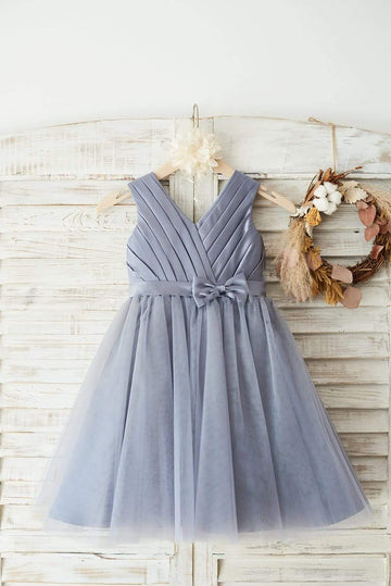 Gray Satin Tulle V Neckline Wedding Flower Girl Dress with Belt