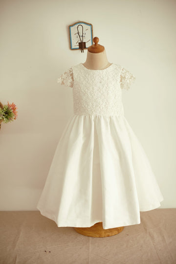 Girls Ivory Lace Cotton Cap Sleeves Flower Girl's Dress Party Dress Communion Dress with Bow