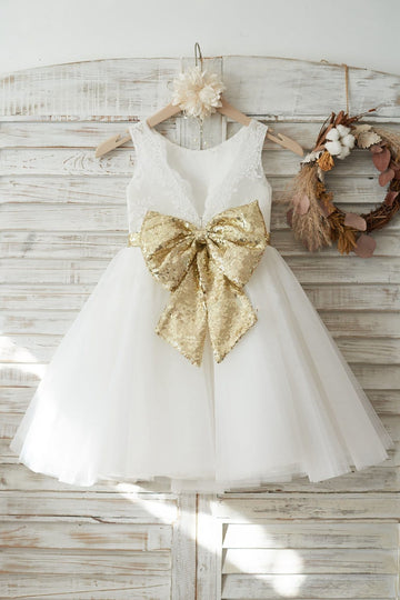 Ivory Lace Tulle V Back Wedding Flower Girl Dress with Gold Sequin Bow