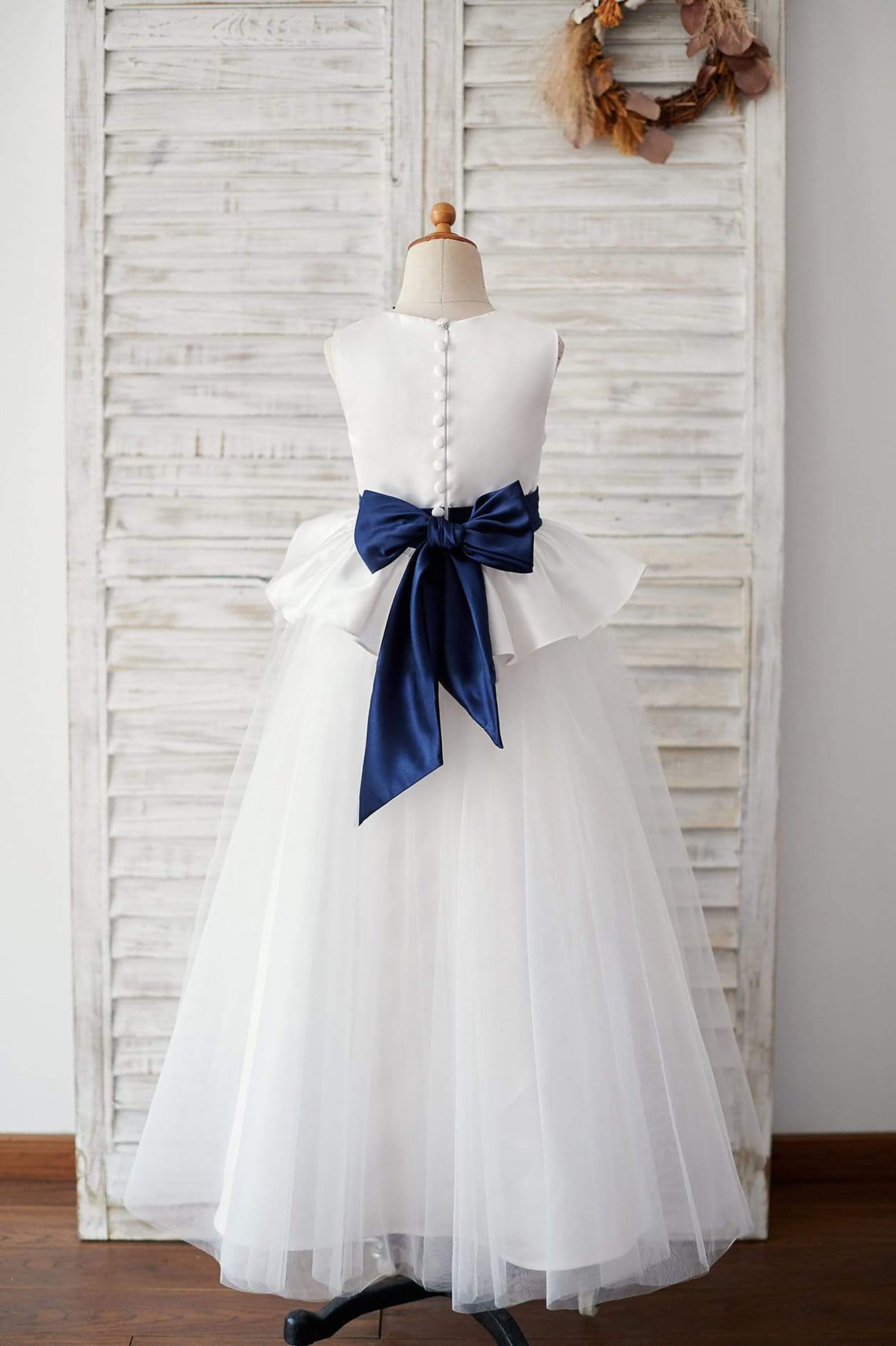 Ivory Satin Tulle Wedding Flower Girl Dress with Navy Blue Belt