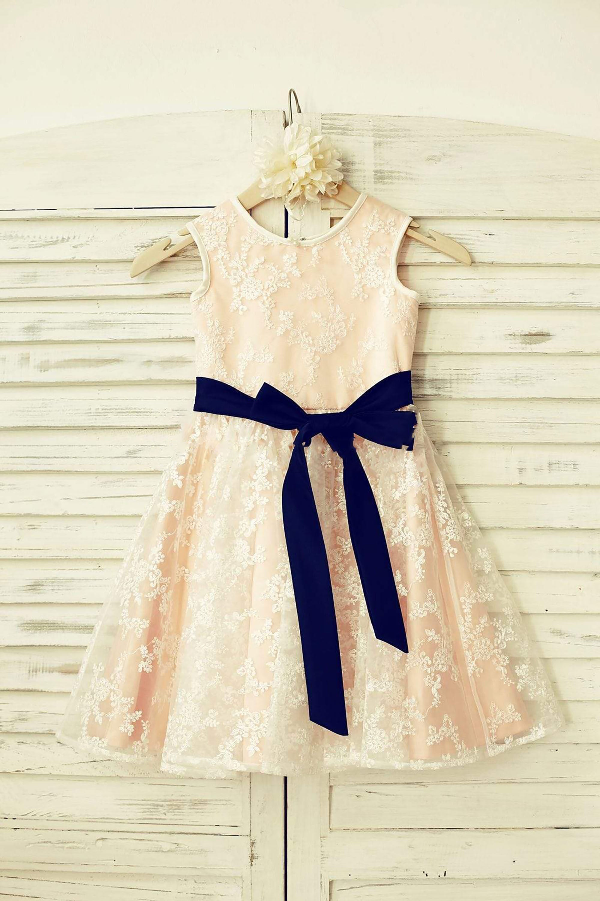 Flower girl dress with navy sash hotsell