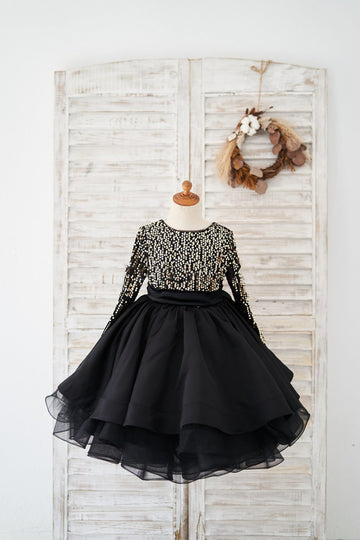 Girls Long Sleeves Gold Sequin Black Satin V Back Flower Girl Dress Party Dress