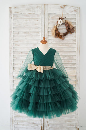 Girls Long Sleeves Green Tulle Cupcake Flower Girl Dress Party Dress Communion Dress