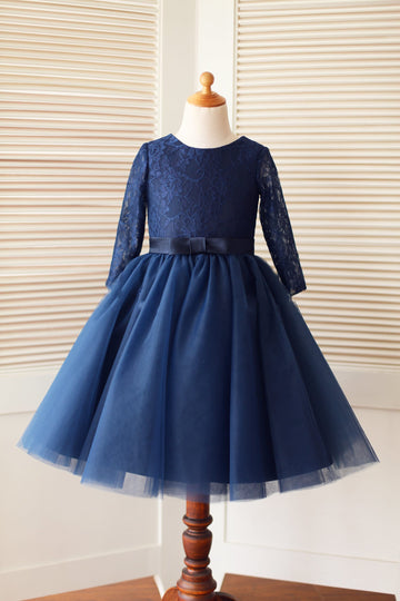 Girls Long Sleeves Navy blue Lace Tulle Flower Girl Dress