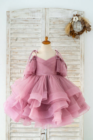 Girls Mauve Glittering Tulle Spaghetti Straps V Back Party Dress Communion Dress