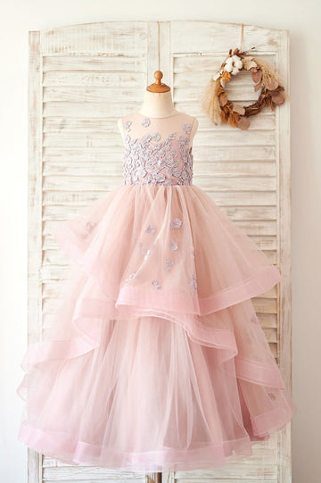 Girls Mauve Lace Tulle Floor Length Flower Girl's Dress Party Dress Communion Dress