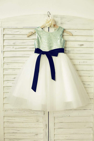 Girls Mint Sequin Ivory Tulle Flower Girl Dress with Navy Blue Sash