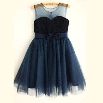 Girls Navy Blue Chiffon Tulle Flower Girl's Dress Party Dress with Belt