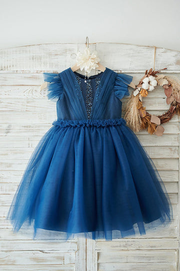 Girls Navy Blue Glitter Tulle Cap Sleeves Beaded Party Dress