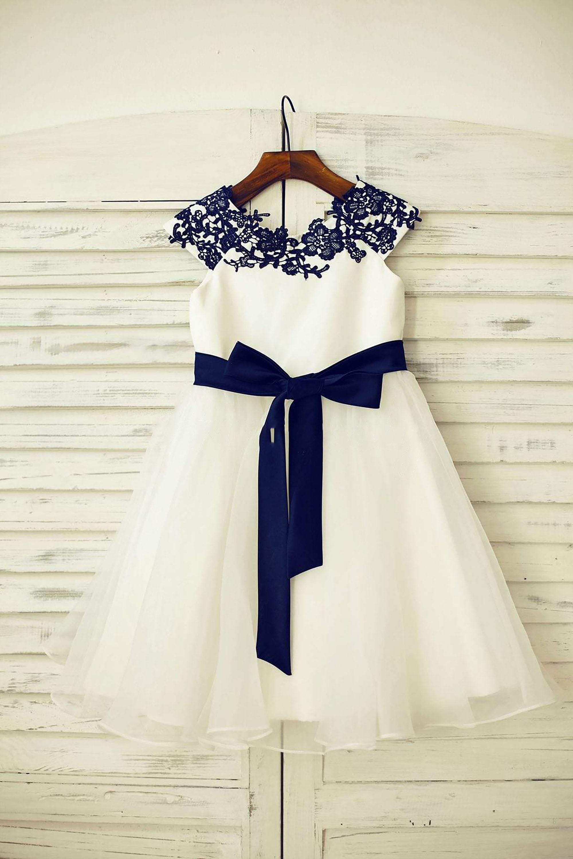 Ivory flower girl dress with navy sash best sale