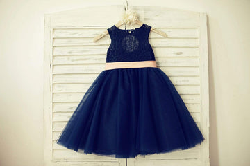 Navy Blue Lace Tulle Flower Girl Dress Keyhole Back with Blush Pink Bow Belt