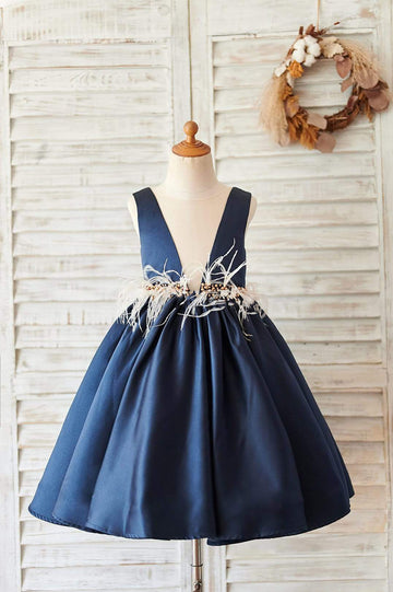 Girls Navy Blue Satin V Neck Party Dress Communion Dress