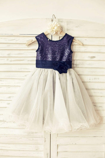 Navy blue Sequin Ivory Tulle Flower Girl Dress with Navy Blue Belt