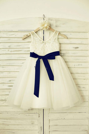 Girls V Neck Ivory Lace Tulle Flower Girl's Dress Party Dress with Navy Blue Sash