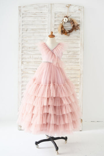 Girls V Neck Mauve Tulle Cupcake Party Dress Communion Dress