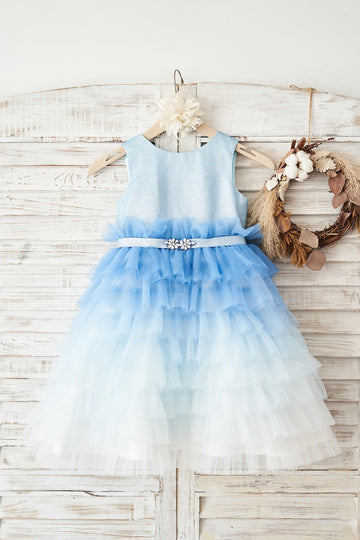 Girls Ombre Blue Glittering Tulle Cupcake Party Dress