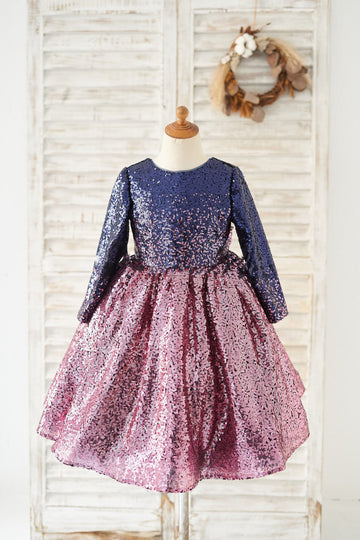 Girls Ombre Navy Pink Sequin V Back Communion Dress Party Dress