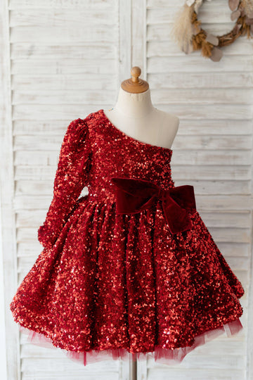 Girls One Shoulder Burgundy Sequin Long Sleeves Party Dress Communion Dress